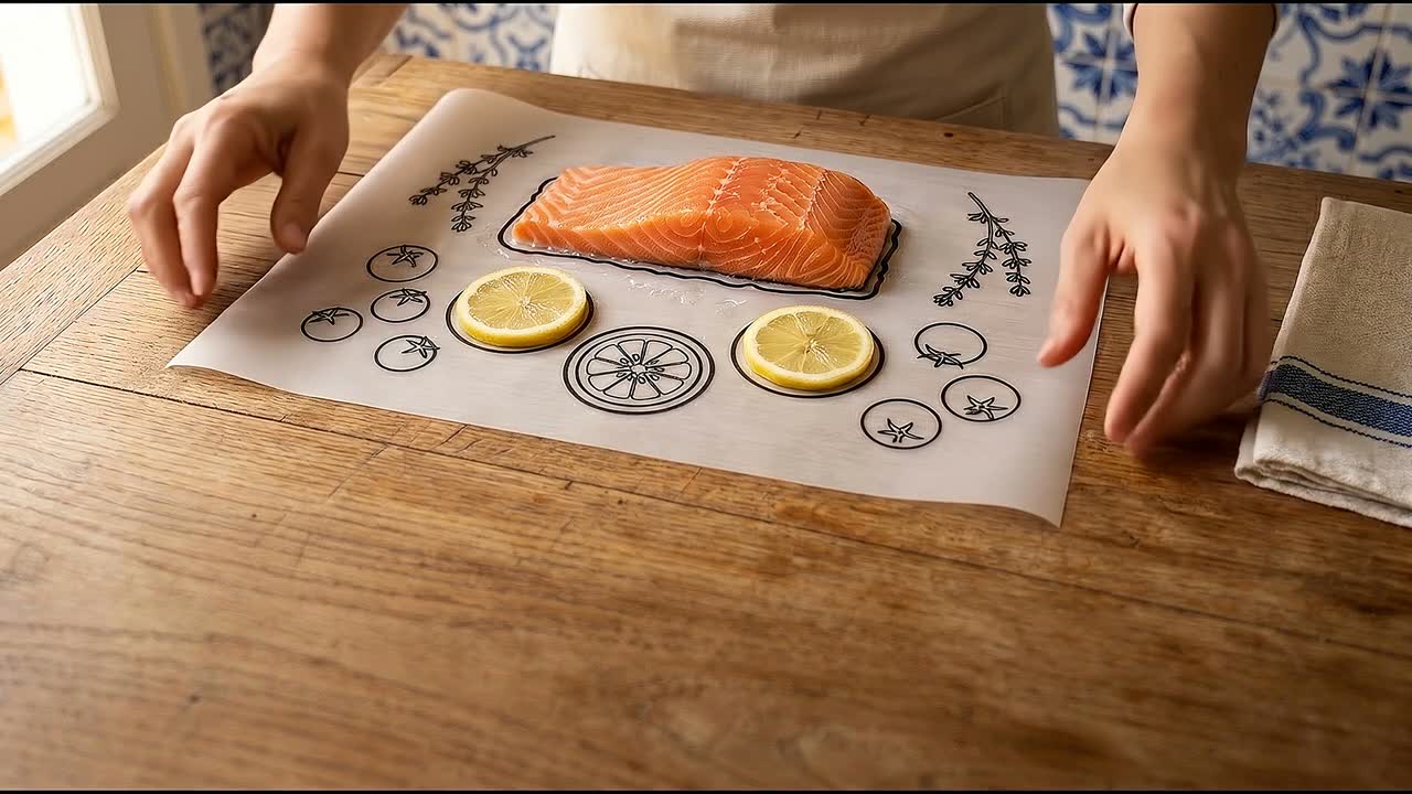 Filé de salmão e rodelas de limão pousados sobre os contornos impressos na folha-receita.